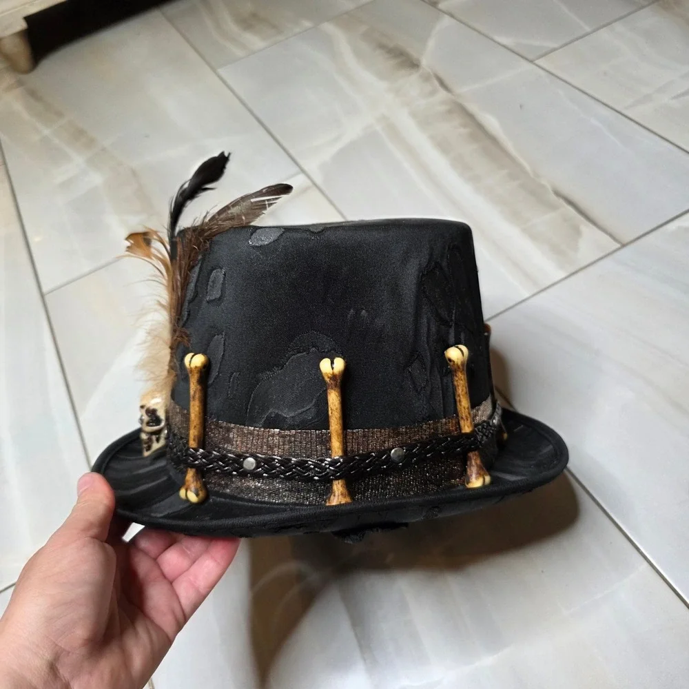 Spirit Halloween Voodoo Witch Doctor Top Hat Skull Bones Feathers Black 01433663